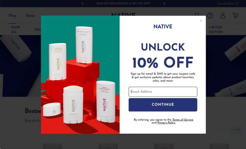 Pop up de descuentos y promociones para la tienda online Native.
