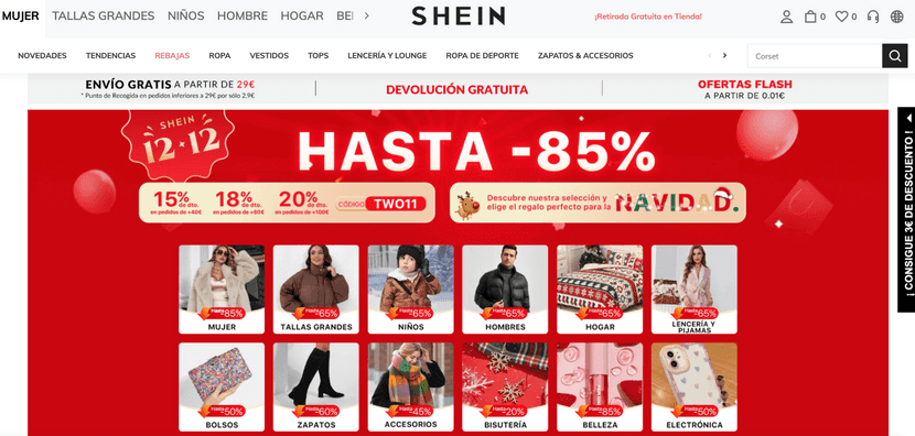 Página home del proveedor de dropshipping, Shein.
