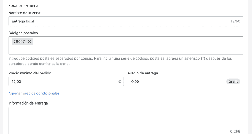 Métodos de envío en shopify configuración paso 9