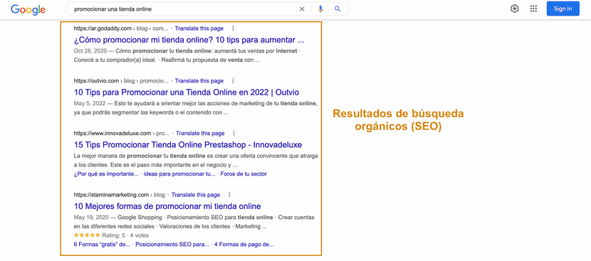 Resultados orgánicos de una búsqueda en Google.