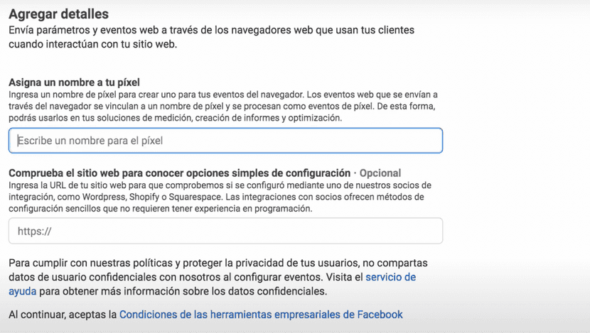 Nombre y URL para el píxel de Facebook de una tienda online
