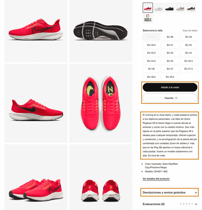 Ficha de producto de Nike.