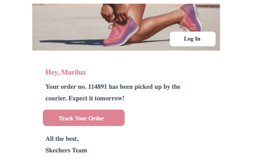 Estrategia de marketing emocional visual en notificaciones de pedido de skechers.