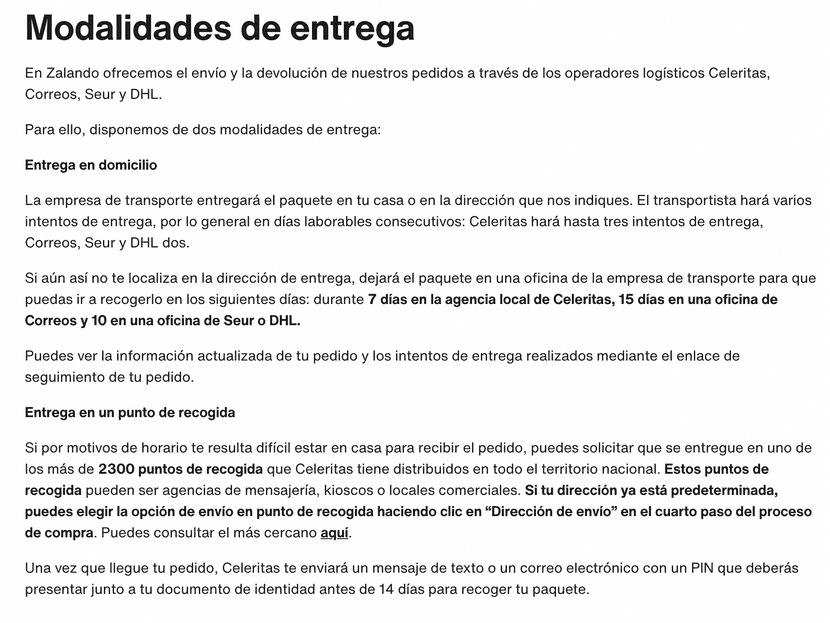 Política de envíos de Zalando.