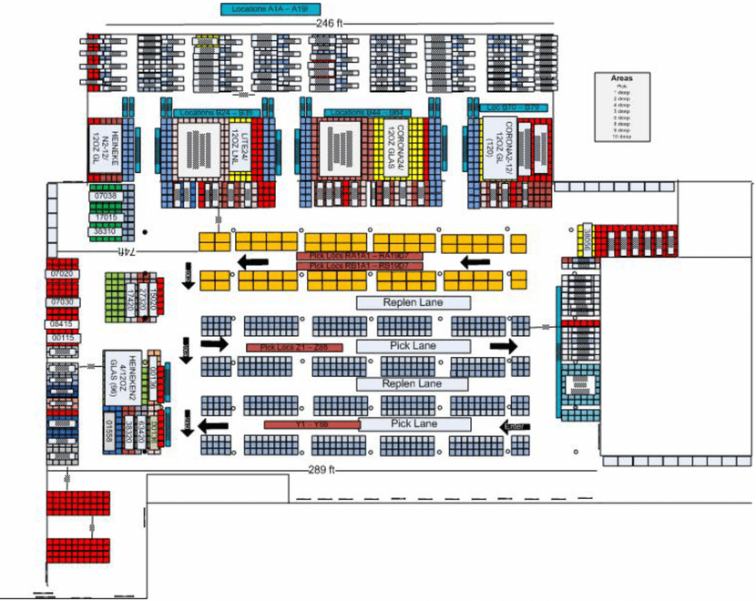 Layout de un almacén logístico en el que se aplica una estrategia de Slotting.