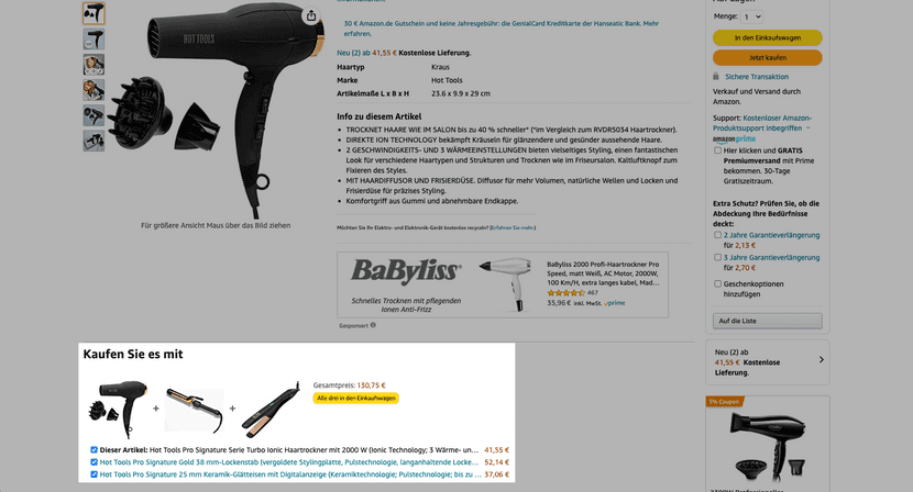 Amazon Checkout zeigt eine Cross Selling Technik