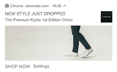 Notificación push de la tienda online Zanerobe.