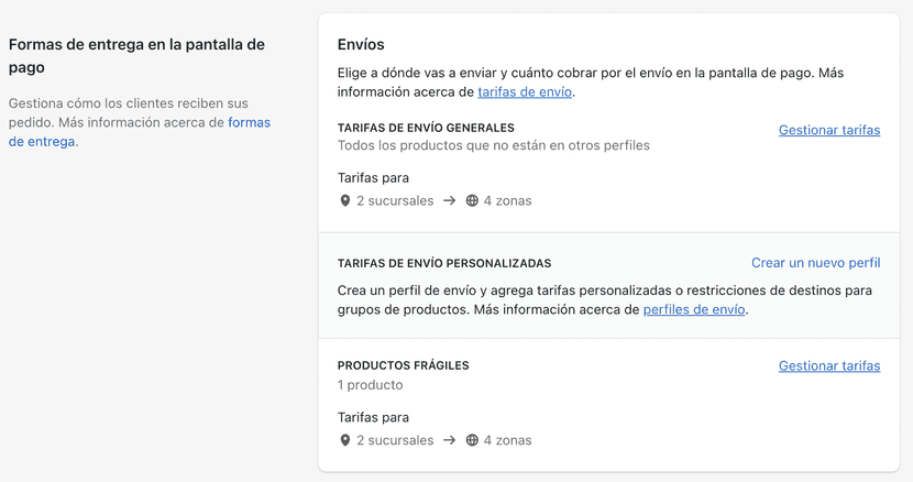 Métodos de envío en shopify configuración paso 2.