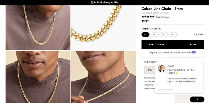 Pop up para chat de soporte en eCommerce de moda.