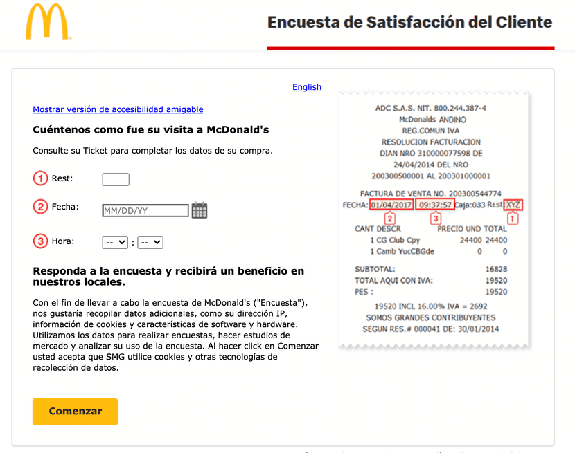 Encuesta de satisfacción de McDonalds.