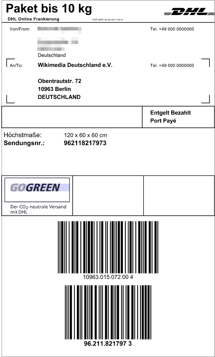 DHL Online-Frankierung für 10kg-Paket