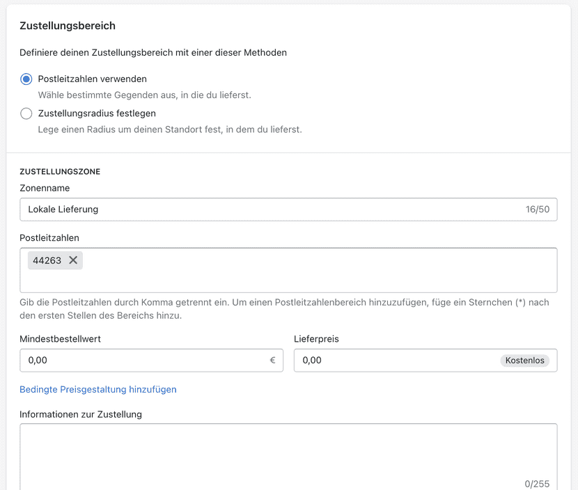 Lokale Zustellung Postleitzahl