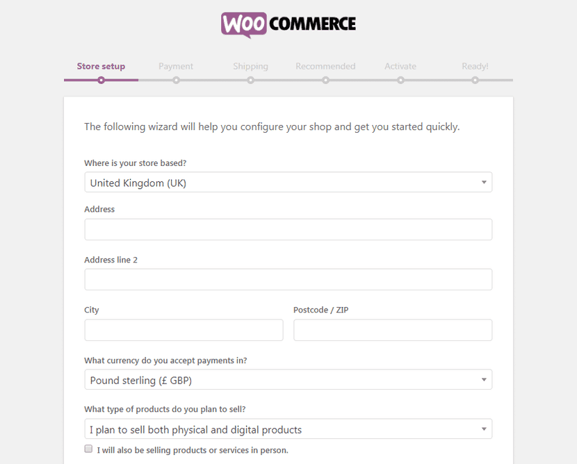 WooCommerce Setup Seite