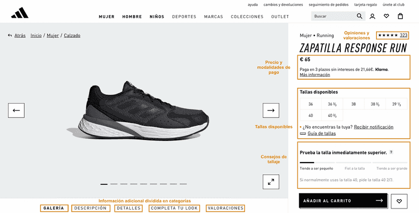 Ficha de producto de una zapatillas deportivas de la marca Adidas.