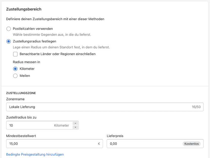 Lokale Zustellung Zustelungsradius
