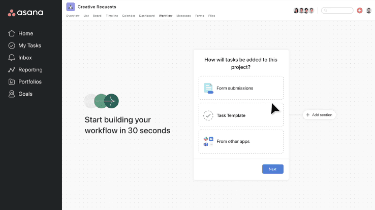 asana ferramenta de criação de workflow