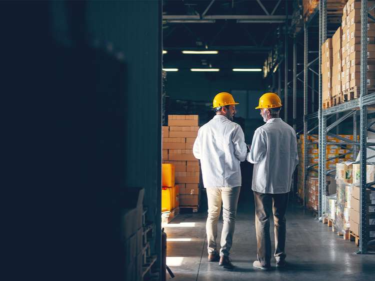 Dois operadores realizam o design de um armazém