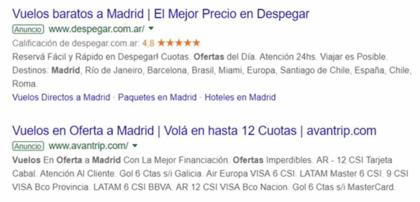 Publicidad de la red de búsqueda de Google Adwords.