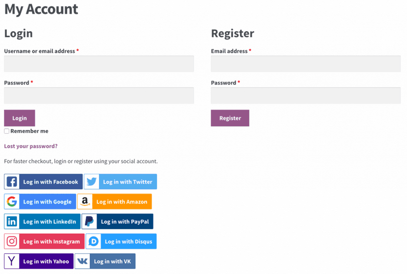 Zrzut ekranu przedstawiający wtyczkę Social Login do WooCommerce dzięki której sprzedawcy w esklepach mogą umożliwić swoim  klientom   logowanie sie do sklepu za pomocą kont w mediach społecznościowych Facebook Twitter oraz  Google